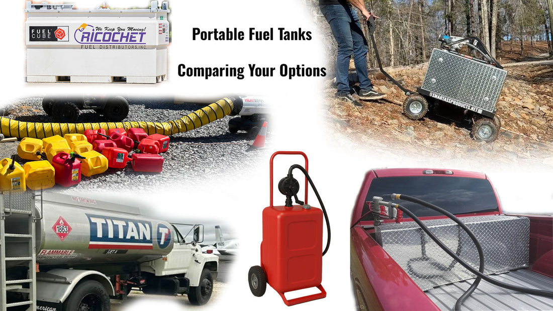 A collage of portable fuel tank options