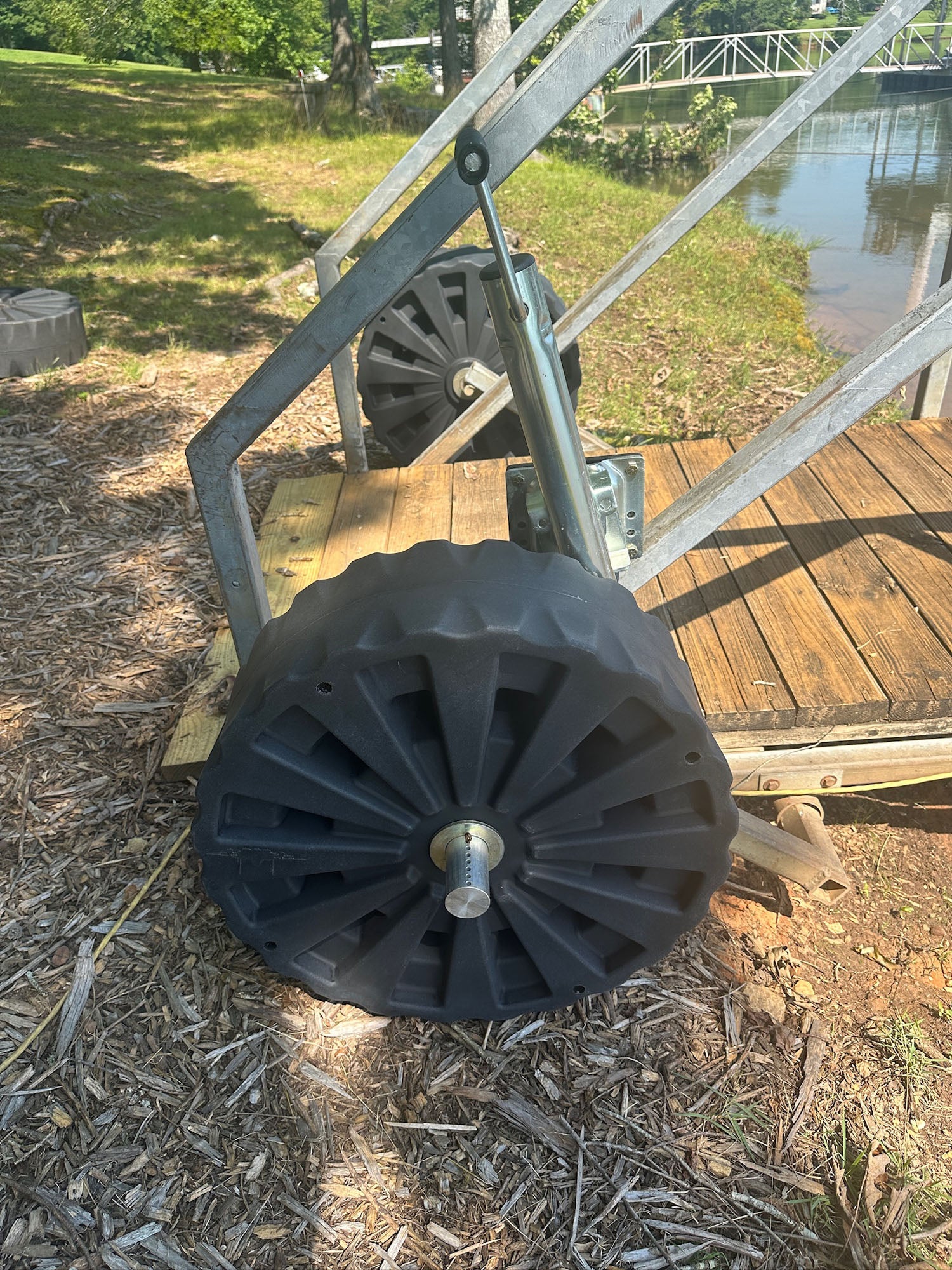 The Smart Ass BigWheel Dock Wheel Upgrade Kit installed with gangway lowered