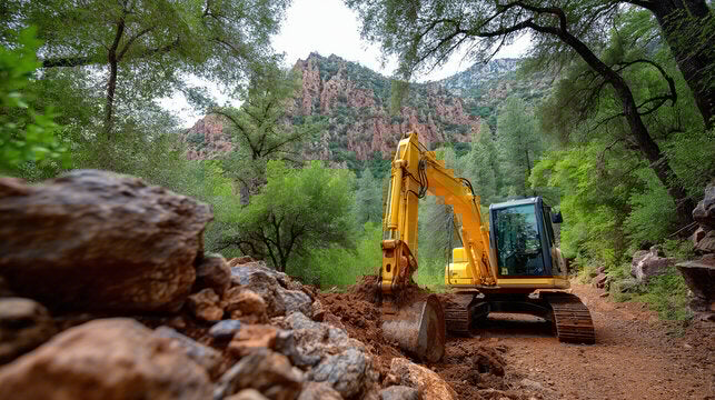 Heavy equipment transport across rough terrain on active construction and disaster response job site