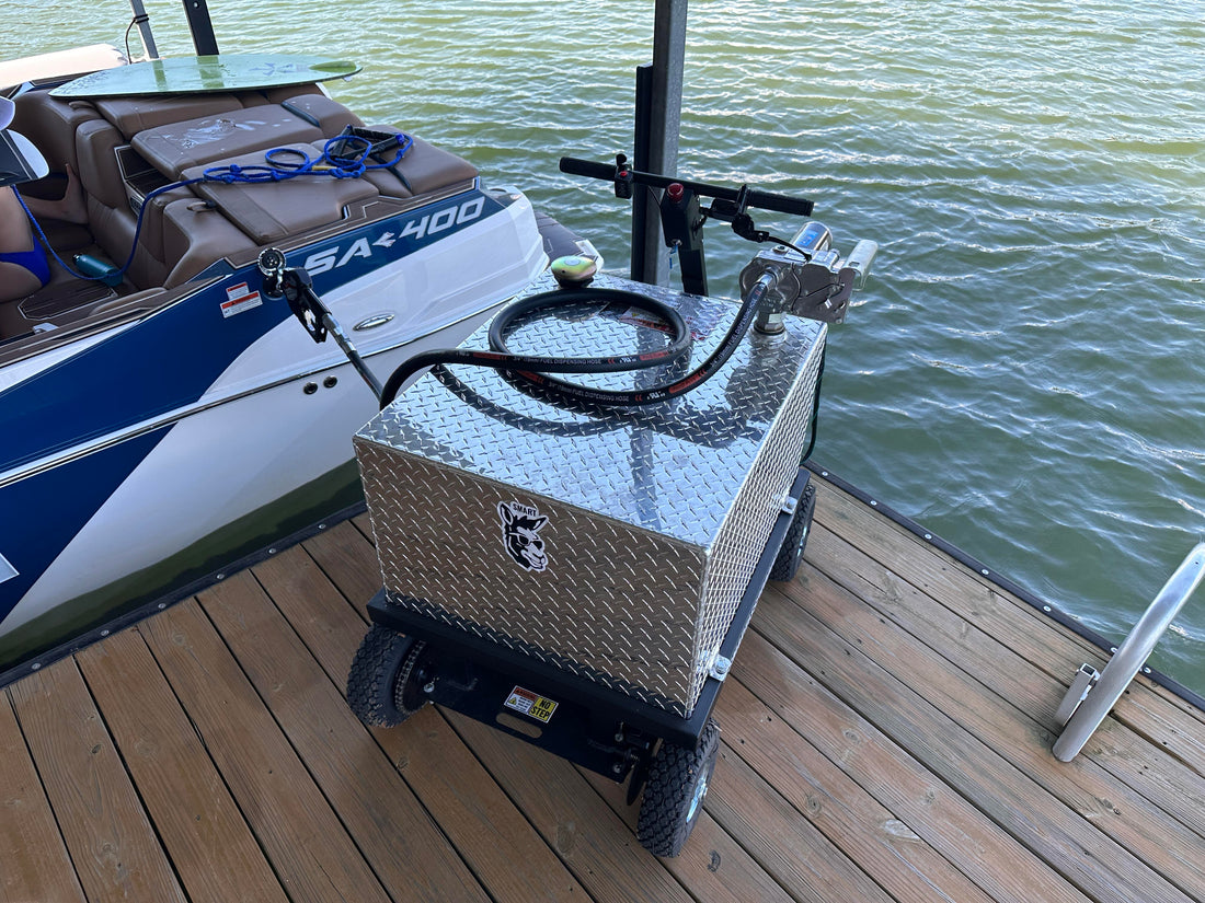 Smart Ass Fuel Mule portable fuel tank for boats fueling a Supra wake boat at a private lake dock