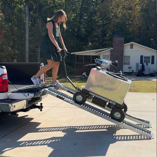 Camille loading and unloading the Smart Ass Fuel Mule Motorized Gas Caddy