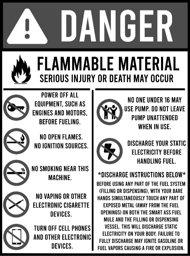 Smart Ass Fuel Mule Gas Caddy with pump - Danger Decal