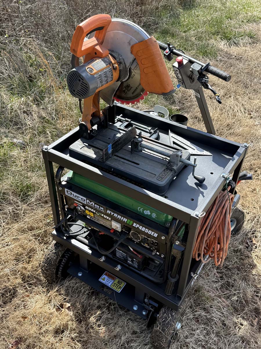 Remote location go-anywhere capable, motorized, generator powered, chopsaw workstation. 