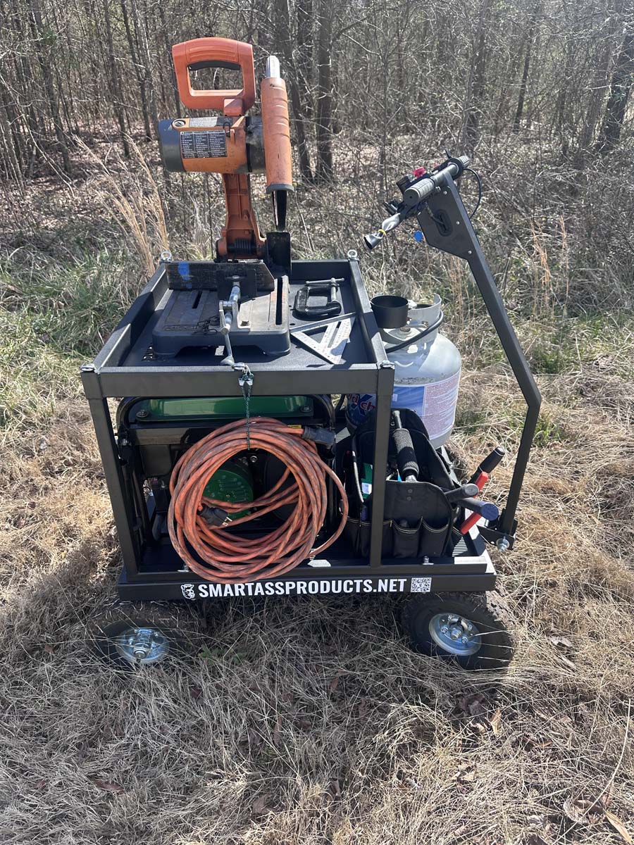 Remote location go-anywhere capable, motorized, generator powered, chopsaw workstation. 