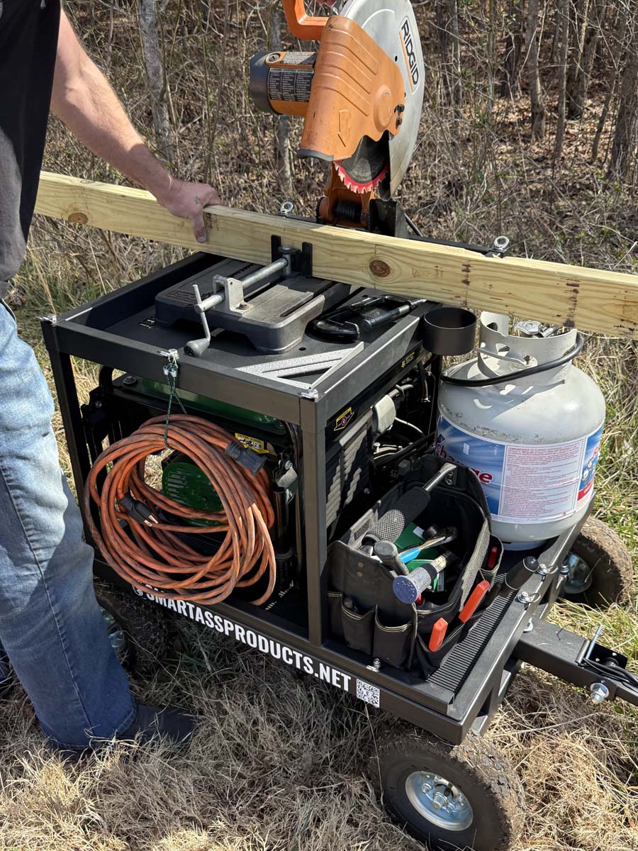 Remote location go-anywhere capable, motorized, generator powered, chopsaw workstation being put to work!