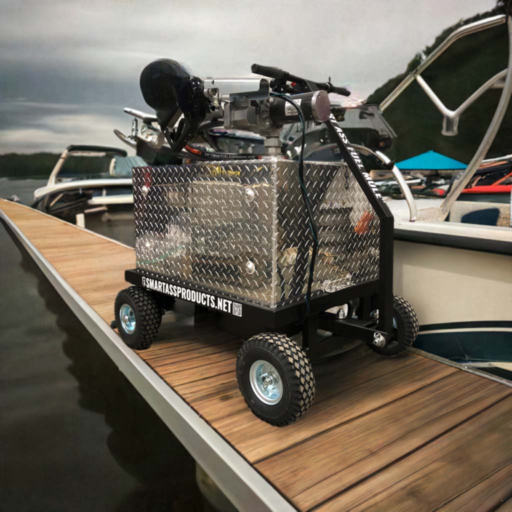 Fuel Mule Electric 50gallon gas caddie on the dock preparing to fuel up a boat