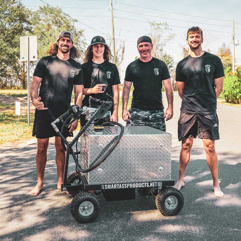 Champion Wakesurfers Sean Silviera and Jett Lambert with Jerry Hoffmann and Dylon DaSilva and their new Smart Ass Fuel Mule Gas Caddy