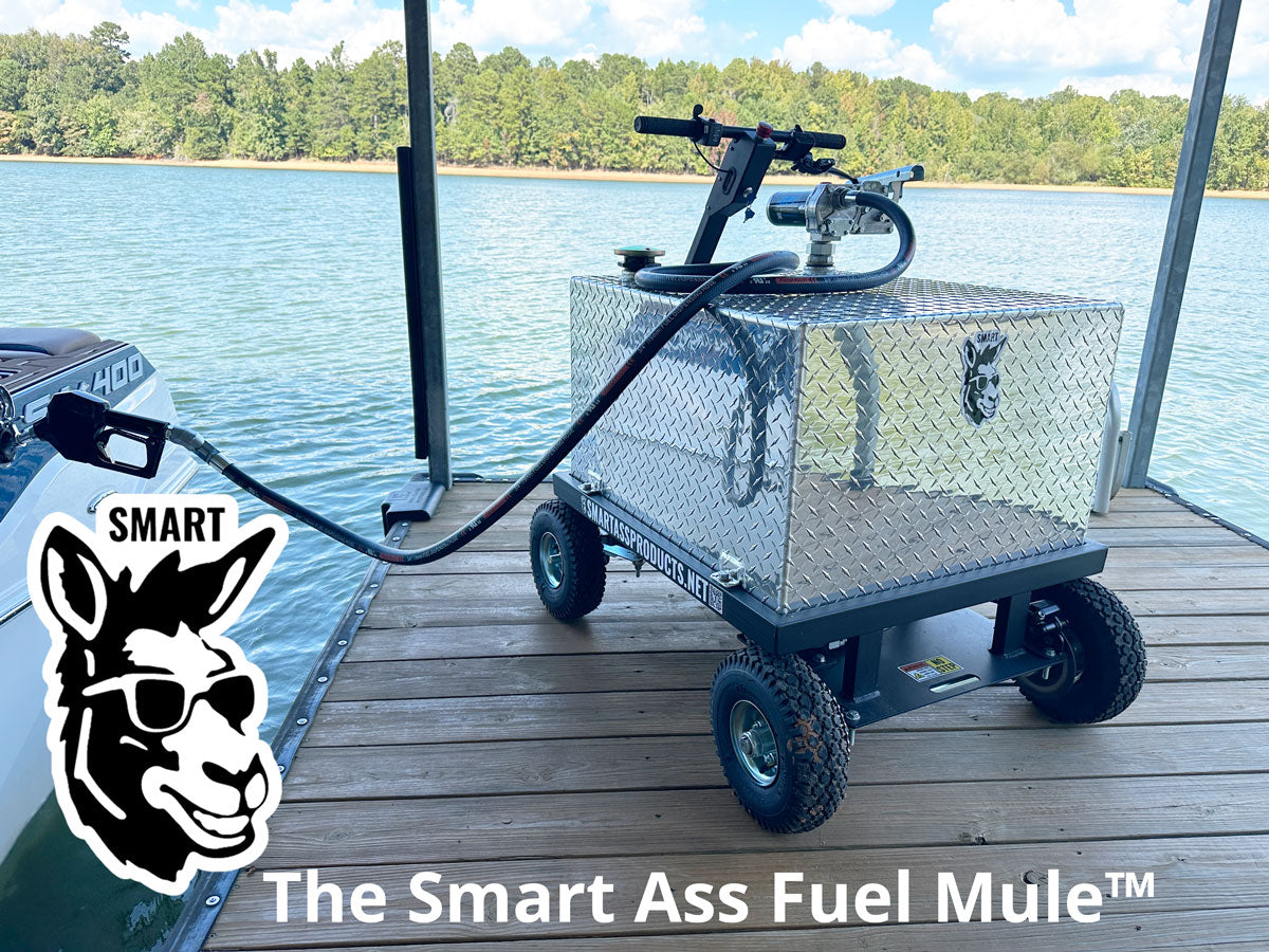 The Smart Ass Fuel Mule Gas Caddy sitting on the dock fueling our 2021 Supra SA400
